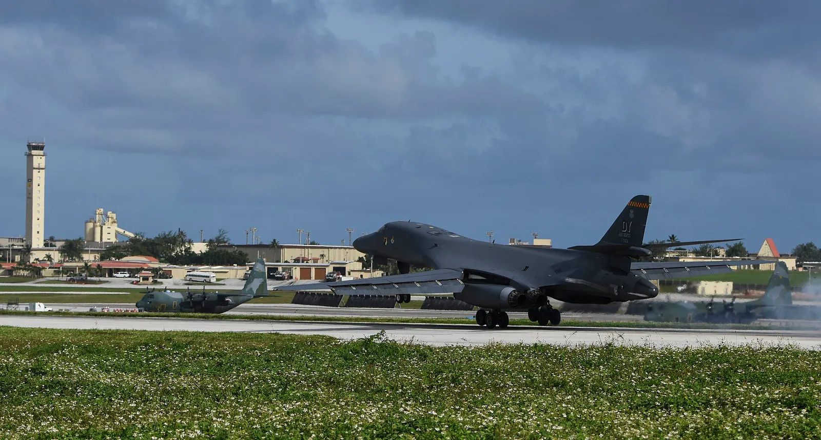 A U.S. Air Force B-1B Lancer landing at Andersen Air Force Base in northern Guam