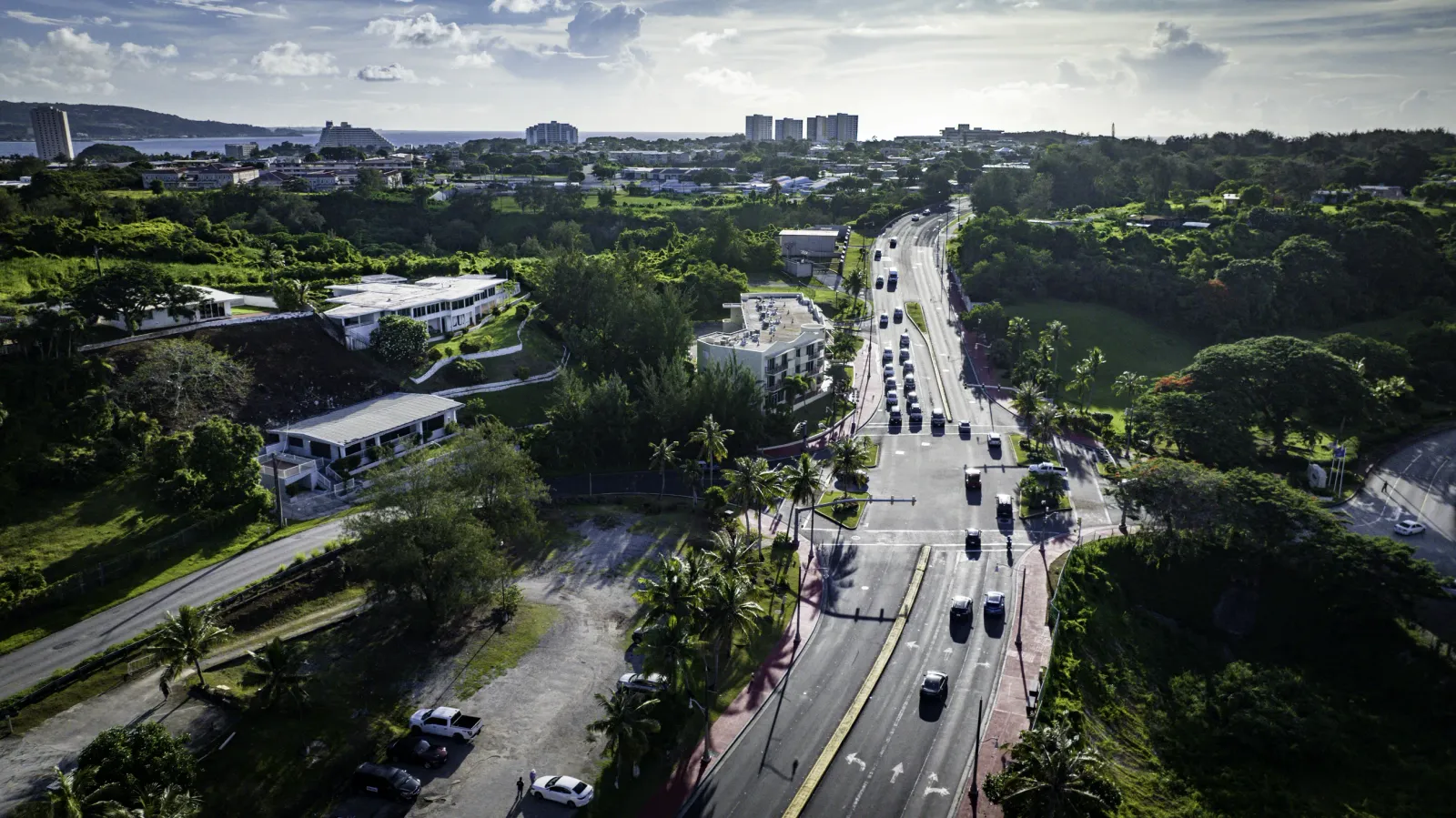Aerial view along Marine Corps Drive towards the Tumon hotel district
