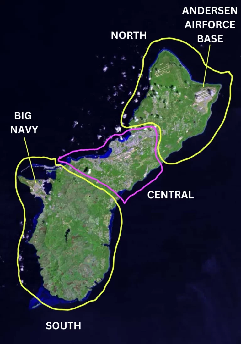 satellite map of guam with the north, central, and southern regions highlighted